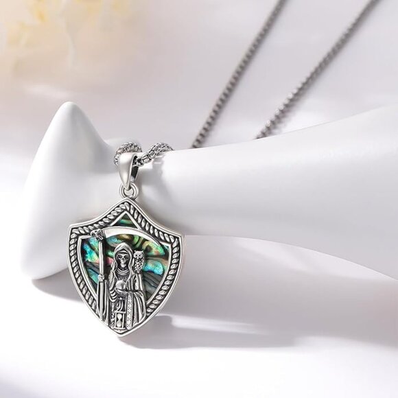Santa Muerte Necklace Sterling Silver Shield Pendant w/ Abalone Inlay NWT - Picture 2 of 6
